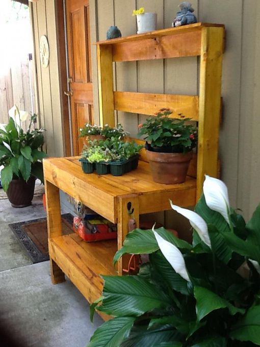 diy potting tables and benches, diy, gardening, outdoor furniture, outdoor living, painted furniture, pallet, rustic furniture, Pretty Yellow