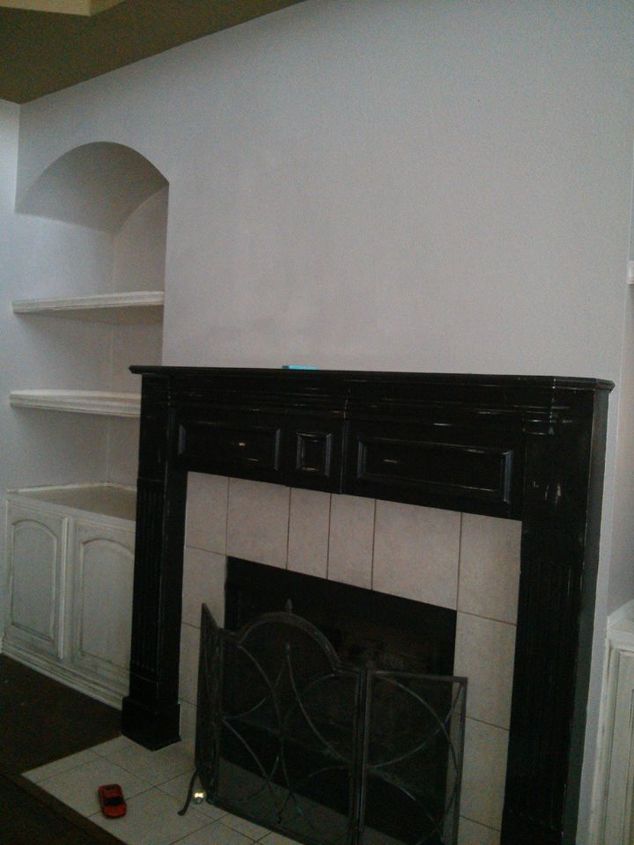 chalk painted fireplace mantel, Before