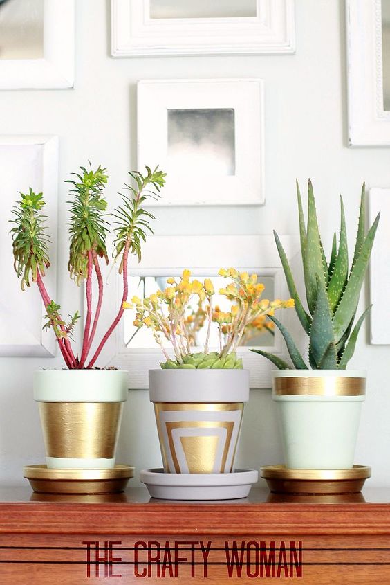 terra cotta pots with gold leafing, crafts, gardening, home decor, painting, succulents, Using matte paint helps make the gold leafing pop all the more