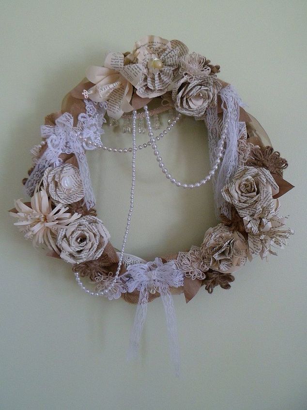 wreaths x2, crafts, wreaths, This wreath is covered with lace ribbon burlap organza and flowers made from jute string and some from pages of an old book