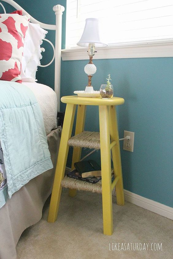side table repurposed from barstool, bedroom ideas, home decor, painted furniture, repurposing upcycling, To start I primed the stool with a spray primer I then gave it a couple coats of a yellow spray paint
