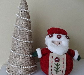 diy burlap christmas tree, christmas decorations, crafts, seasonal holiday decor, finished burlap tree with santa on my Craft Room shelves