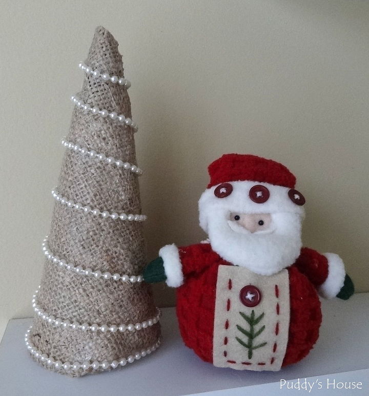 diy burlap christmas tree, christmas decorations, crafts, seasonal holiday decor, finished burlap tree with santa on my Craft Room shelves