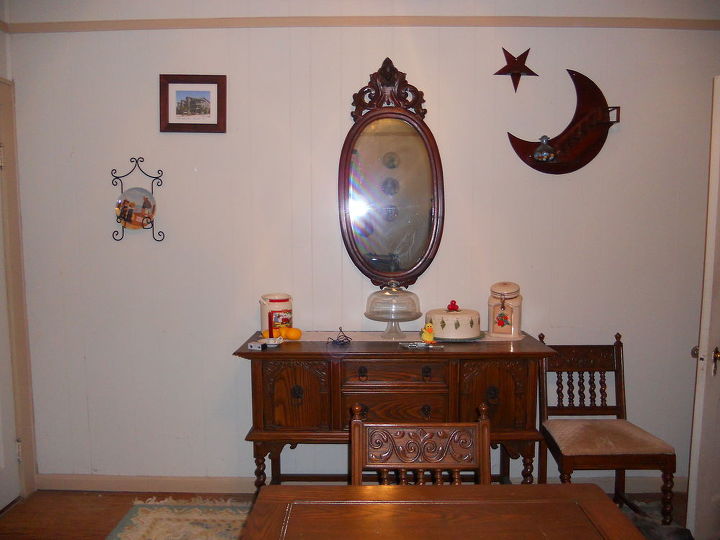 antique mahogany mirror, painted furniture, The mirror sits over a Victorian sideboard The moon and the star to the right of the mirror was made by my father in 1940