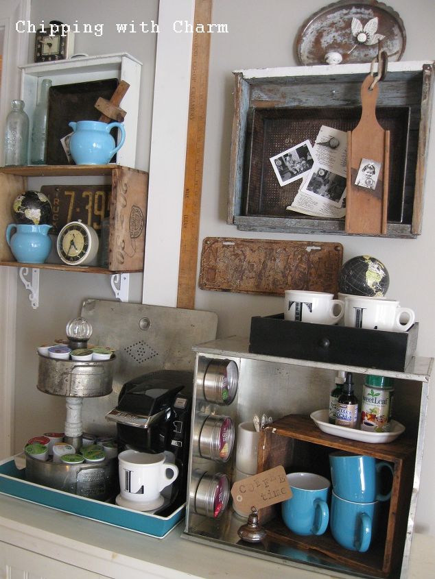 a couple more drawer shelves turned junky coffee station, kitchen design, repurposing upcycling, shelving ideas