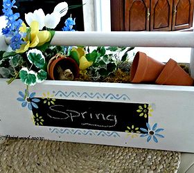 toolbox to spring centerpiece, repurposing upcycling, seasonal holiday d cor, A small chalkboard label with stenciling surrounding it