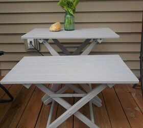 diy trash to treasure tables, outdoor furniture, outdoor living, painted furniture, I used a Rust oleum paint primer to paint the tables I was going to add a finish coat of yellow but I really liked the grey color of the primer I ended up sealing them with a clear varnish instead of paint