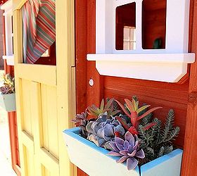 succulent window boxes, flowers, gardening, outdoor living, succulents, Bright and colorful succulents brighten up this little playhouse AugustGarden