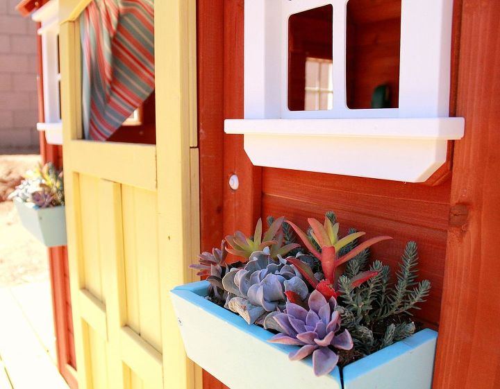 succulent window boxes, flowers, gardening, outdoor living, succulents, Bright and colorful succulents brighten up this little playhouse AugustGarden