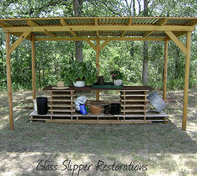 potting table made from pallets, diy, gardening, painted furniture, pallet, repurposing upcycling, woodworking projects, He didn t want to see me sweat so he built this cool shade over the table