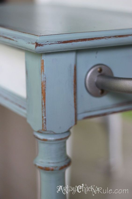 35 thrift store find to front porch decor annie sloan chalk paint, chalk paint, curb appeal, outdoor furniture, outdoor living, painted furniture, Up close detail plus side bar spray painted with Rustoleum Brushed Nickel Spray Paint