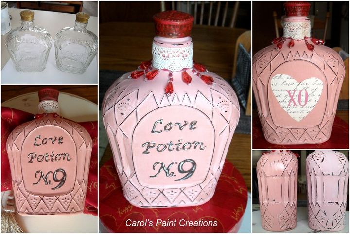 valentines love potion no 9 bottle, crafts, seasonal holiday decor, valentines day ideas, Then I embellished with some trim and painted on the lettering Sealed it with light and dark wax