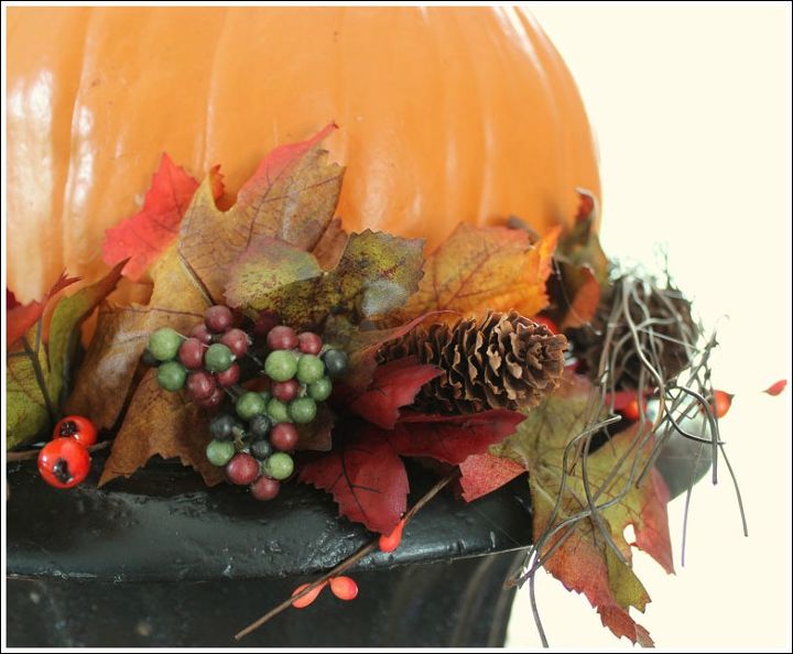 pumpkin topiary fall decorating ideas, container gardening, crafts, gardening, seasonal holiday decor, Add some fall florals under the bottom pumpkin Attach with hot glue