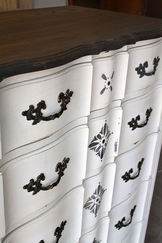painted pieces, chalk paint, home decor, painted furniture, Stained top in dark walnut with ASCP in Old white and stencils