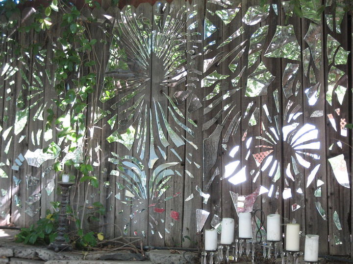 our mirror mosaic fence we had a blast creating this amazing what can come from a, Looks like a jigsaw ran amuck on our fence Seems as though you can see right through to the neighbors yard
