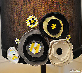 my lampshade makeover a little girlish whimsy, crafts, home decor, Flower tute from House of Smiths and colored brads from Micheal s made up the embellishments for the lampshade