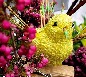 welcome spring time to change the window boxes, gardening, seasonal holiday d cor, tiny fabric bird with beak wings and tail made out of twigs