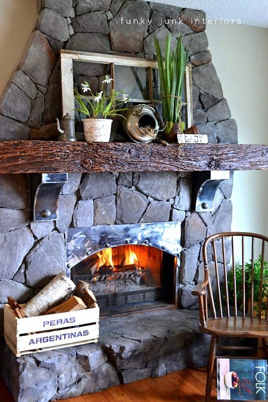 a spring fireplace mantel that never wilts, fireplaces mantels, flowers, home decor, An old window from my parent s farm created the main focal point to this cozy corner