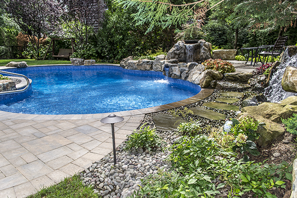 peaceful backyard how to solve outdoor noise problems, decks, landscape, outdoor living, ponds water features, pool designs, spas, Raised Spill Over Spa Waterfall flows down into vinyl spill over spa and in turn spills into the pool