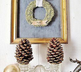 nature inspired mantel decor, seasonal holiday d cor, wreaths, Pine cones instead of candles in the candle holder create a unique look
