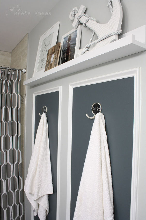 shared boys guest bathroom, bathroom ideas, home decor, We chose to use hooks set in trimmed panels instead of standard towel bars