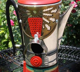 metal repurposed birdhouse, outdoor living, pets animals, repurposing upcycling, Retro Coffee Pot Percolator Red Repurposed Upcycled Birdhouse by GadgetSponge com