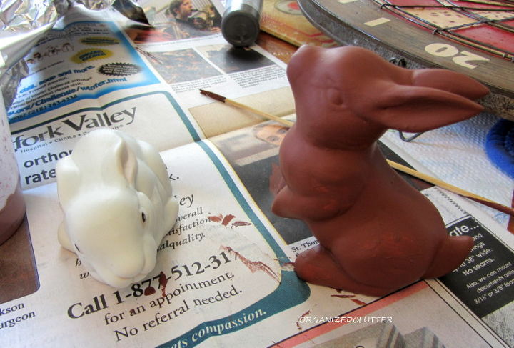 2 faux chocolate bunnies, crafts, easter decorations, seasonal holiday decor, I used a mixture of walnut noyer burnt sienna and raw sienna acrylic craft paints Not sure of the measurements I started with a few squirts of each bottle