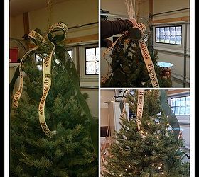 rustic christmas tree display, christmas decorations, seasonal holiday decor, Inserting lights and burlap ribbon onto the little rustic tree