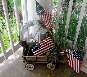 a patriotic porch, curb appeal, patriotic decor ideas, porches, seasonal holiday decor, wreaths, Flags are a flyin