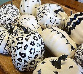 black and white oil sharpie pumpkins, crafts, seasonal holiday decor, oil sharpie pumpkins displayed in a big wooden bowl