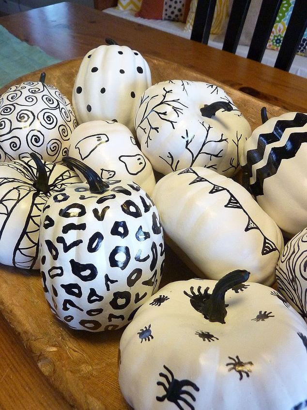 black and white oil sharpie pumpkins, crafts, seasonal holiday decor, oil sharpie pumpkins displayed in a big wooden bowl