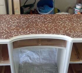 retro desk is not retro anymore, painted furniture, Here is the stenciled top softened by sanding lightly