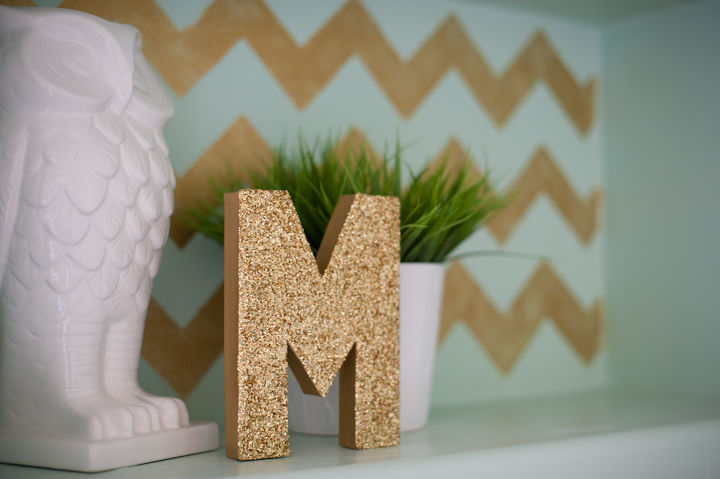 stenciling and pattern ideas for bookcases and cabinets, painted furniture, Chelsy Boucher of B Couture Photography used our Modern Chevron Wall Stencil in gold to give a modern look to her little girls room