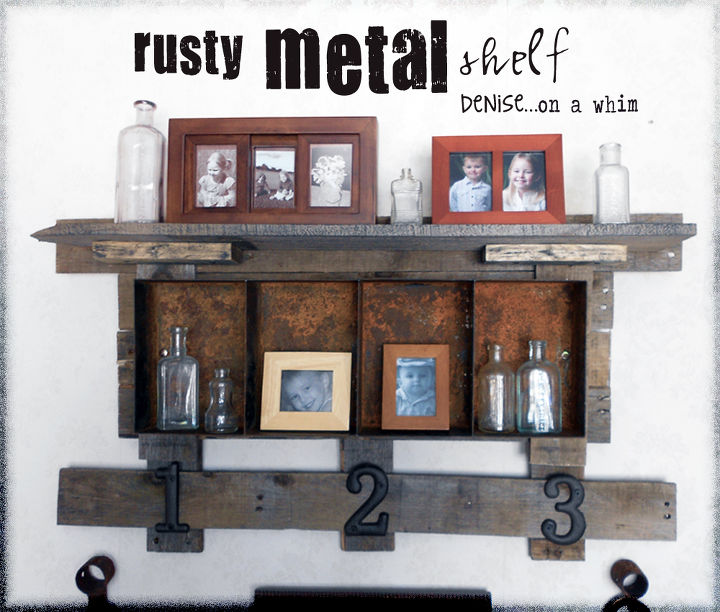 a rusty bin and pallet wood shelf, diy, how to, living room ideas, pallet, shelving ideas, woodworking projects, Constructed of pallet wood and a rusty metal bin my new shelf fits perfectly on my gallery wall and gives my living room a warmth it was missing before