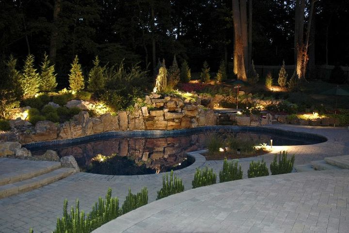 can a backyard oasis be beautiful both day and night, decks, outdoor living, patio, pool designs, spas, Night Views of Backyard Landscape