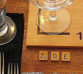play around with your thanksgiving table decor, seasonal holiday d cor, thanksgiving decorations, Scrabble letter tiles act as place cards spelling out the name of each guest A giant version of the letters is a coaster under the wine glass how many words can YOU make up from the letters at your seat