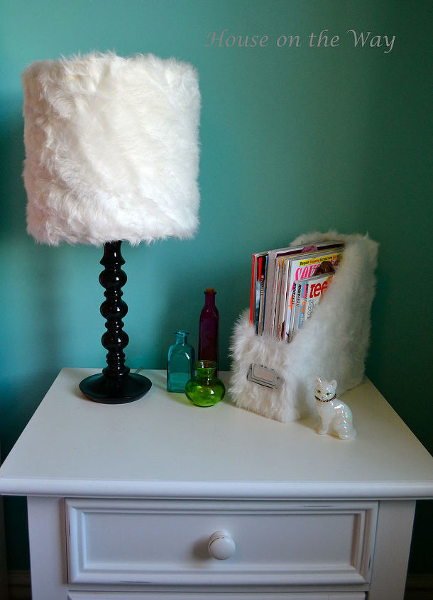 faux fur lampshade and magazine holder, home decor, Faux fur lamp shade and magazine holder The lamp base is spray painted with a glossy black paint