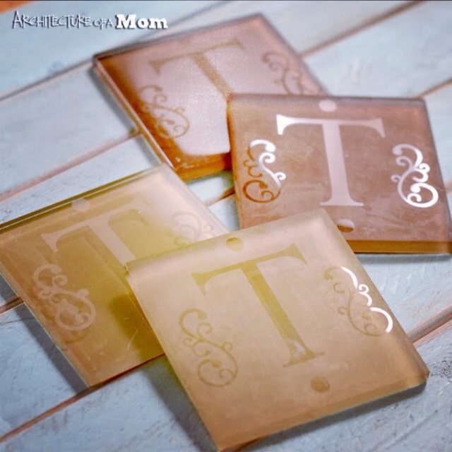 etched monogram glass tile coasters, crafts