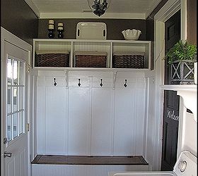 adding a mudroom to our garage, garages, home improvement, laundry rooms, Custom shelving and shoe storage bench The black door to the right leads to the kitchen The door on the left leads to the garage