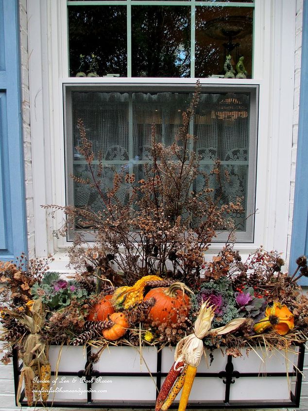 thanksgiving window boxes, curb appeal, flowers, seasonal holiday decor, thanksgiving decorations, One of two window boxes on the front of our home