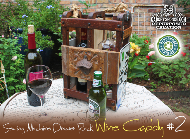wine caddy made by repurposing sewing machine drawer racks, repurposing upcycling, I created this repurposed wine caddy with license plates beer or soda bottle openers and a lot of custom woodwork by GadgetSponge com