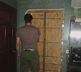 the door to nowhere, diy, doors, home maintenance repairs, Fill in with plywood caulking spray foam