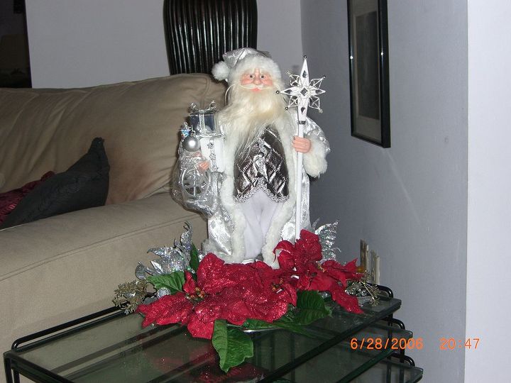 we did a red white and sliver christmas enjoy the color scheme throughout my home, christmas decorations, seasonal holiday decor, The new silver and white Santa for the table