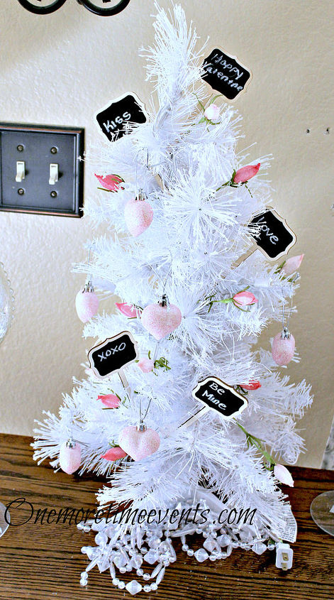 transforming christmas decor into valentine decor, seasonal holiday d cor, valentines day ideas, Small white faux Christmas tree turned into a Valentine Conversation Tree