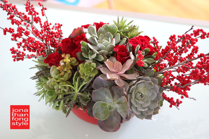 succulent and berry holiday centerpiece, flowers, gardening, seasonal holiday d cor, succulents, This arrangement would look great on a buffet table entry console or a mantel It would also be a great hostess gift