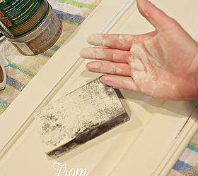 creating a french country kitchen cabinet finish using chalk paint, chalk paint, kitchen backsplash, kitchen cabinets, kitchen design, painting, I use a moist sanding block to sand with It keeps the dust at bay and makes a buttery smooth finish