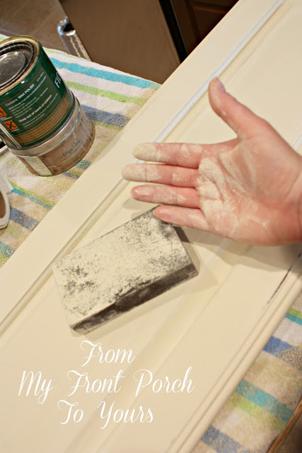 creating a french country kitchen cabinet finish using chalk paint, chalk paint, kitchen backsplash, kitchen cabinets, kitchen design, painting, I use a moist sanding block to sand with It keeps the dust at bay and makes a buttery smooth finish