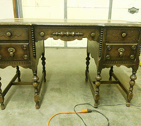painted antique desk with lots of carved details, painted furniture, And a full view of the desk before