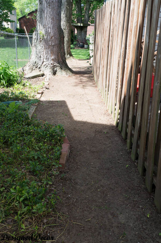 q landscaping questions, gardening, landscape, Small dirt walkway 3 foot section is mine on the right next to wood fence