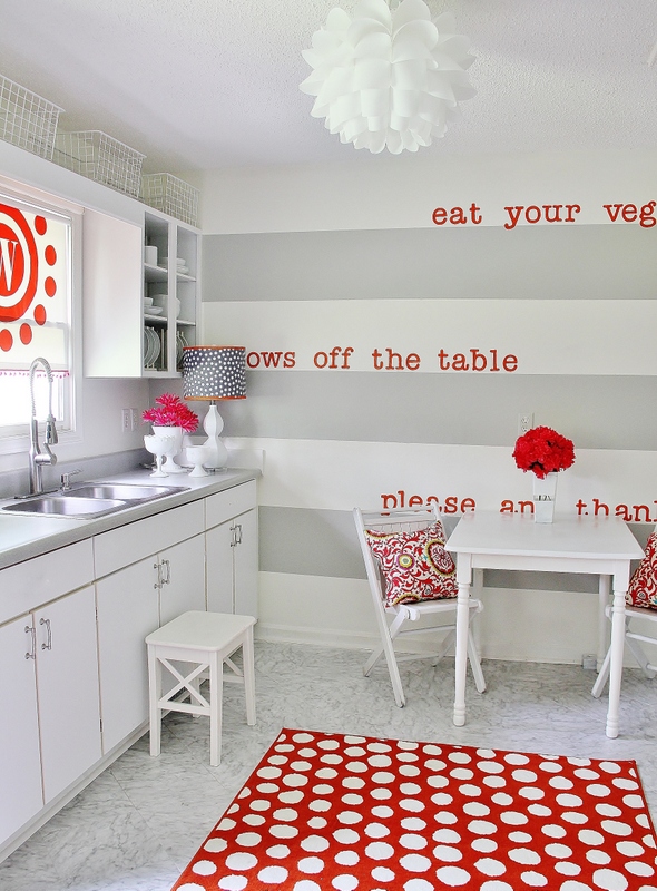 how to remodel a kitchen on a budget, home decor, home improvement, kitchen design, Here s the after with gray painted stripes on the wall and new flooring and fun simple projects
